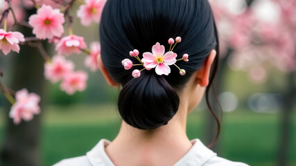 Naklejka premium Sakura flower-shaped hairpin adorns a hair bun of Japanese girl in kimono back view. Elegant modest traditional womens hairstyle. Blooming pink cherries. A feminine stylish hair accessory. Springtime.