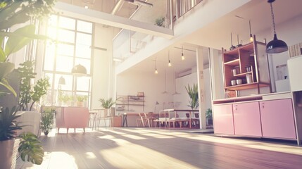 Sunlit loft apartment, open plan kitchen, plants, morning light, interior design, home decor