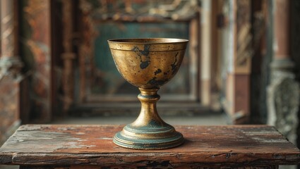 Old chalice on a stone altar, sacred and historic, symbolizing tradition and reverence