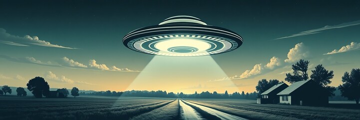 Mysterious ufo hovering over a serene rural landscape with fields and trees under a blue sky