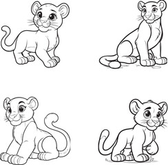 Charming Lion Cub Silhouettes in Playful Poses - Black and White Line Art