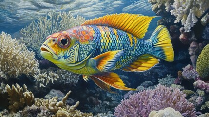 Obraz premium A stunning reef fish perfectly adapted to its environment, its body blending seamlessly with the coral, demonstrating nature genius in survival strategies and mimicry.