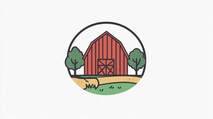 Rural Barn Illustration in Circle, Farm Scene, Simple Design