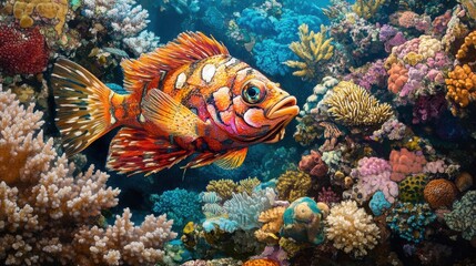 Obraz premium An intricately camouflaged fish hiding among coral, its extraordinary adaptation to the reef environment showing off its survival strategy in stunning detail.