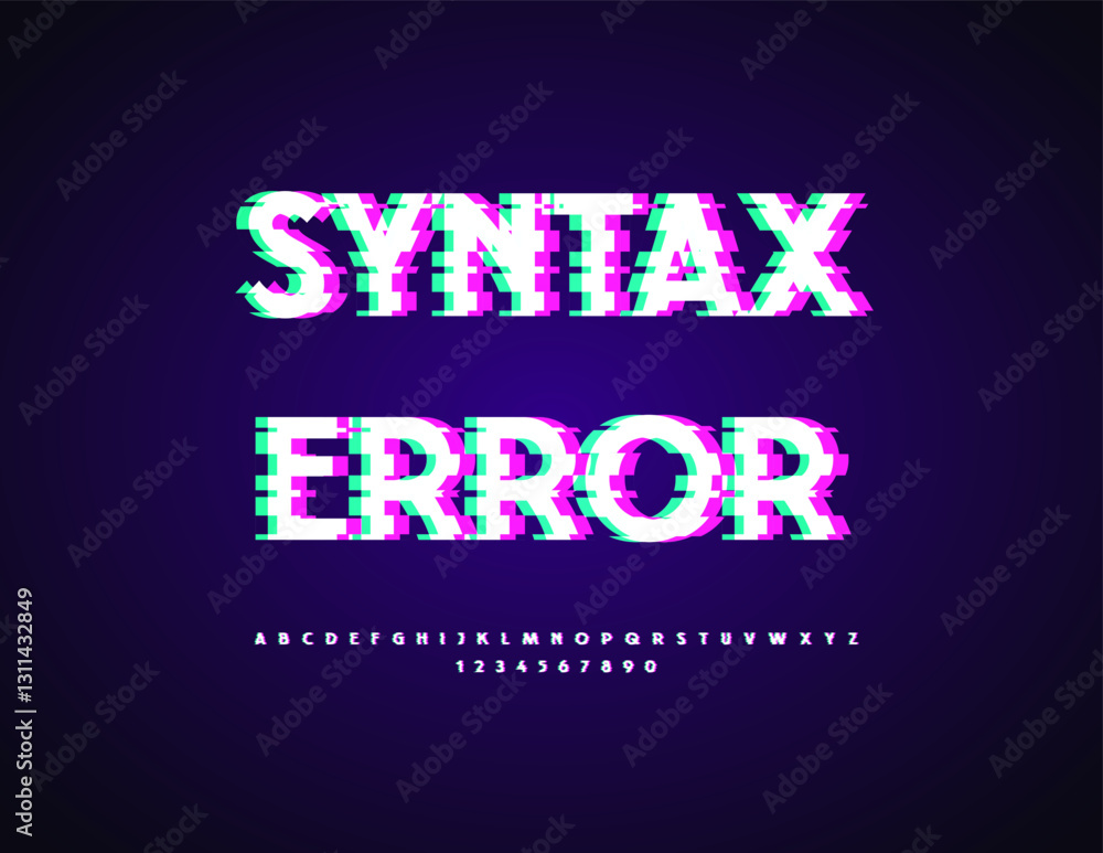 Poster vector digital logo syntax error. glitched pixels font. set of defective uppercase alphabet letters 