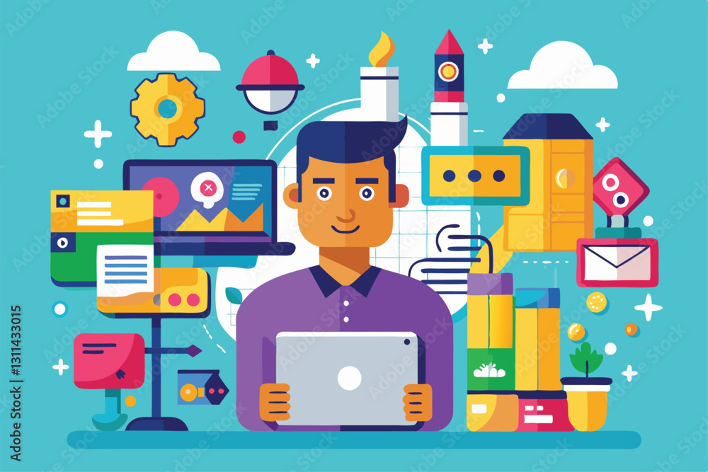 Poster a man engages with a tablet, surrounded by various colorful technological icons and tools in a creat
