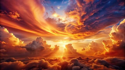 Fiery Sunset Sky A Breathtaking Panorama of Clouds Illuminated by Golden Hues and Radiant Light Beams