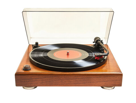 Isolated Wooden Turntable with Vinyl Record