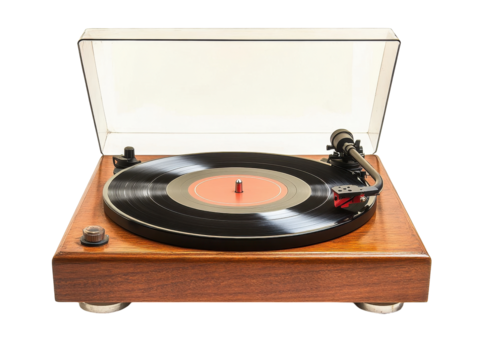 Isolated Wooden Turntable with Vinyl Record - Powered by Adobe