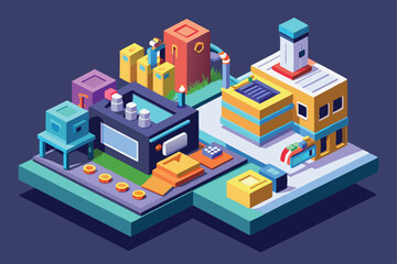 This illustration showcases a detailed isometric design featuring various processing equipment and colorful structures, Processing Customizable Isometric Illustration