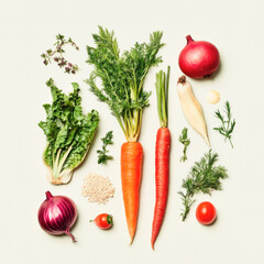 Fresh assortment of vegetables including carrots, onions, and radish on light background