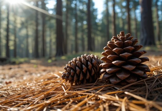 Close-Up of Pine Cones on a Forest Floor Covered with Pine Needles, Warm Autumn Tones