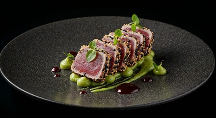 Seared tuna steak slices with green garnish on dark plate - premium seafood photography for restaurant menus, food blogs, culinary publications and healthy eating websites