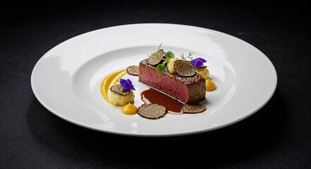 Medium-rare beef tenderloin with colorful garnishes on white plate - premium culinary photography for steakhouse menus, fine dining websites and gourmet food publications