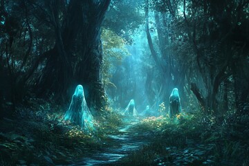 Ethereal Spirits Glowing in Misty Enchanted Forest Landscape