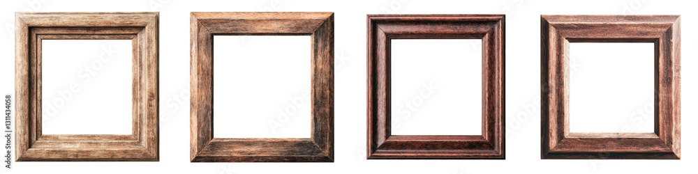 Poster collection of various vintage and rustic wooden frames hanging on a wall as part of an interior desi