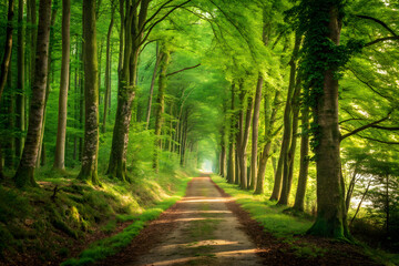 Serene Forest Path with Sunlight Filtering Through Lush Green Trees