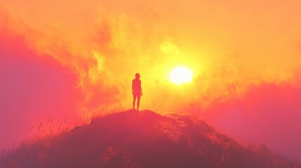 Obraz premium woman silhouette on hilltop at sunset