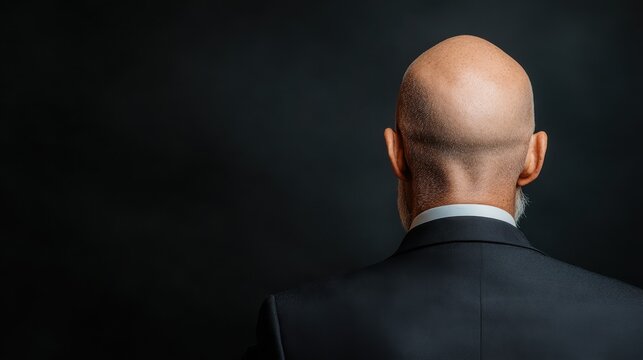A striking silhouette of a bald man in a suit stands against a moody background, creating a sense of drama and intrigue, highlighting individual strength.