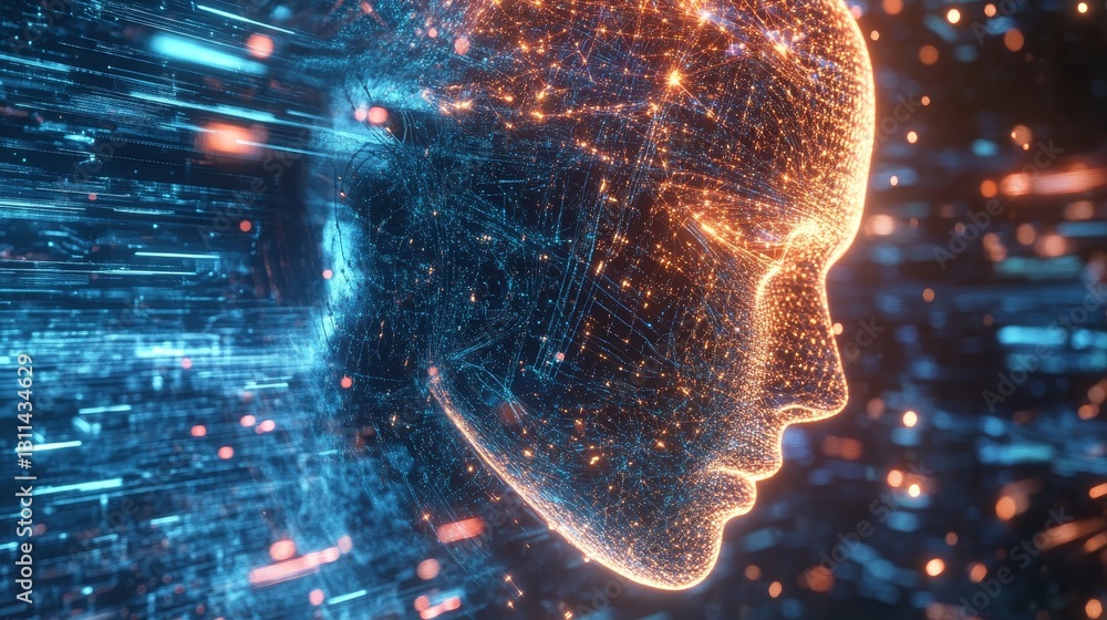 Poster digital face representation with data stream in abstract 3d style
