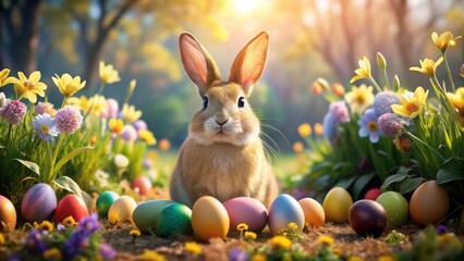 Cute Light Brown Rabbit Sitting Among Colorful Spring Flowers