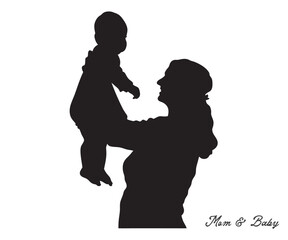 A woman with a baby in her arms Silhouette. Mother holds baby line art design. Vector illustration