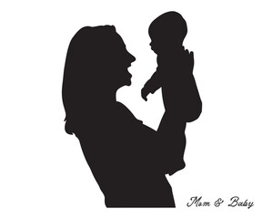 A woman with a baby in her arms Silhouette. Mother holds baby line art design. Vector illustration