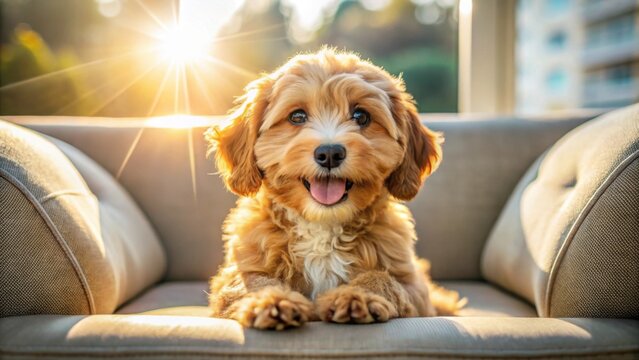 Joyful Cavoodle Puppy Sitting on Modern Couch in Sunlit Setting