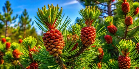 Fototapeta premium A summer sun illuminates a regal Norway pine, showcasing its seed cones against a vast landscape.