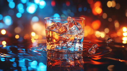 A glass of ice water is centered in the image, casting a vibrant reflection on a glossy surface. Bokeh lights add a colorful backdrop.
