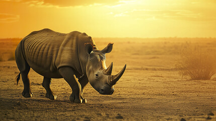 Fototapeta premium rhino walks with determination through golden sunset lit wilderness