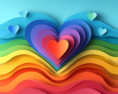 Rainbow hearts layered on wavy background