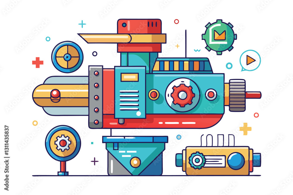 Poster a colorful and customizable prototype machine showcasing innovative design features and mechanical p