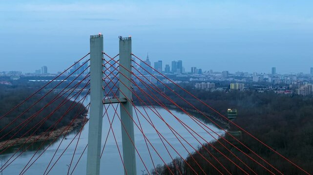 Sunset aerial view, Siekierkowski cable-stayed Bridge, Vistula River