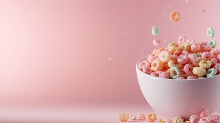 An action shot of pastel cereal pieces floating joyfully around a white bowl, capturing the playful spirit and excitement of a fun breakfast experience.