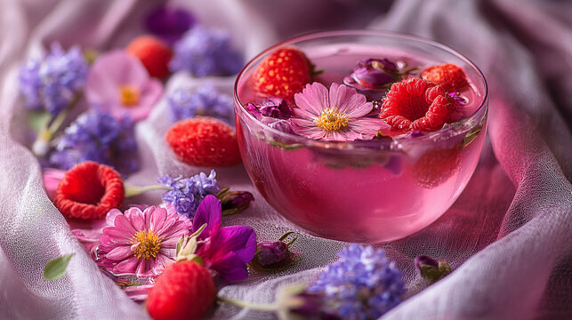 Floral elixir with fresh berries. A refreshing and visually appealing beverage.