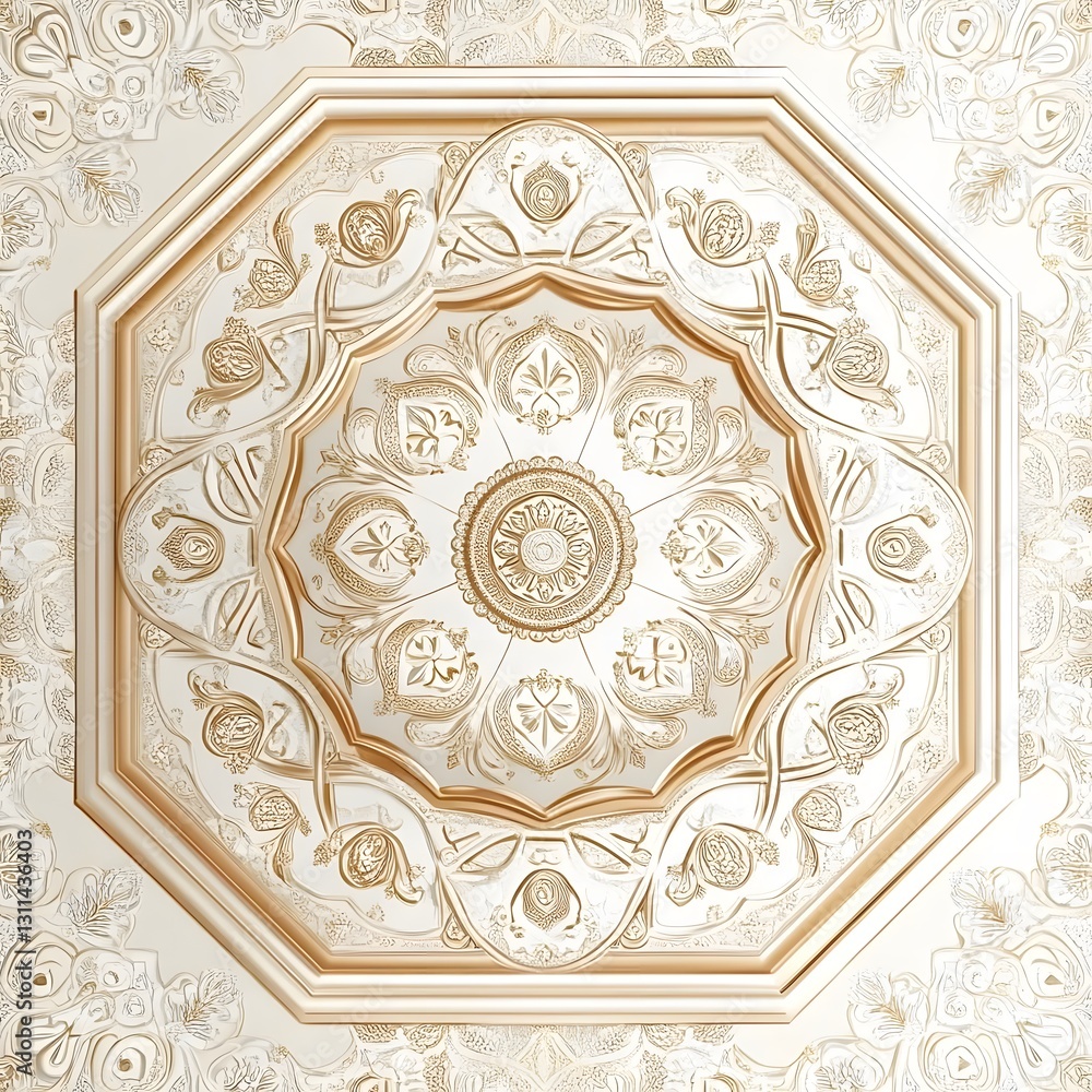 Poster ornate octagonal ceiling design featuring intricate floral patterns and golden accents in a bright s