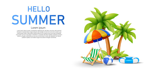 coconut trees,beach umbrella,beach chair and holiday summer sport objects isolated on white background. hello summer clip art design and advertising banner vector illustration.