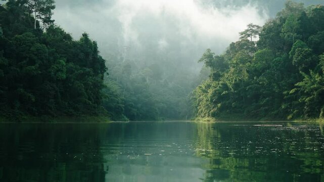 Scenic View Of Cheow Lan Lake At Sunrise In Khao Sok National Park, Thailand. Wide Shot