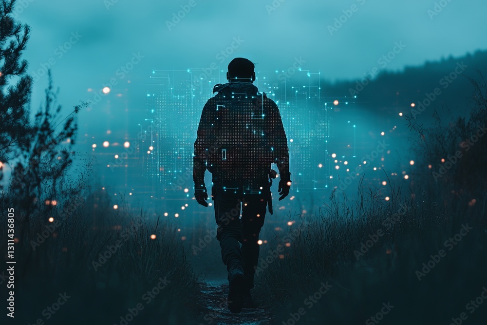 Poster man walking in misty forest with digital elements surrounding him