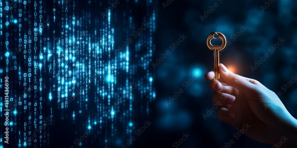 Poster hand holding a key in front of digital data background