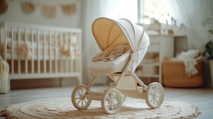 Beige stroller in nursery with crib