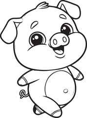 Adorable Cartoon Piglet Silhouette - Playful Black and White Line Art
