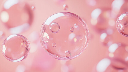 Aesthetic pink background with translucent bubbles, some containing smaller ones. A visually pleasing composition with a soft, diffused light throughout.