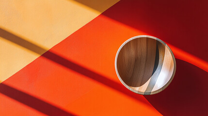 Wooden bowl on a brightly colored surface with a diagonal split of orange and red, with the shadow of window blinds casting stripes across the scene.