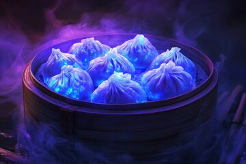 Colorful dumplings steaming in a bamboo steamer, showcasing vibrant hues and a delightful culinary experience