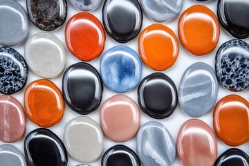 Colorful Stone Collection: A vibrant array of polished stones, each with unique colors and patterns, neatly arranged in a grid.