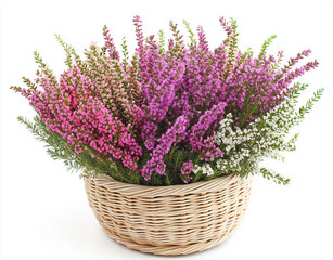 Fototapeta premium Vibrant Potted Plant with Colorful Red, Yellow, and Pink Flowers in a Woven Basket – Bright and Cheerful Floral Display Against White Background