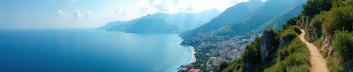 Obraz premium Amalfi Coast panorama from Path of Gods trail Breathtaking scenic vista , Landscape, Elevation, Rugged terrain