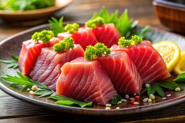 Close-up of glistening, sushi-grade tuna sashimi, showcasing Japanese culinary artistry.